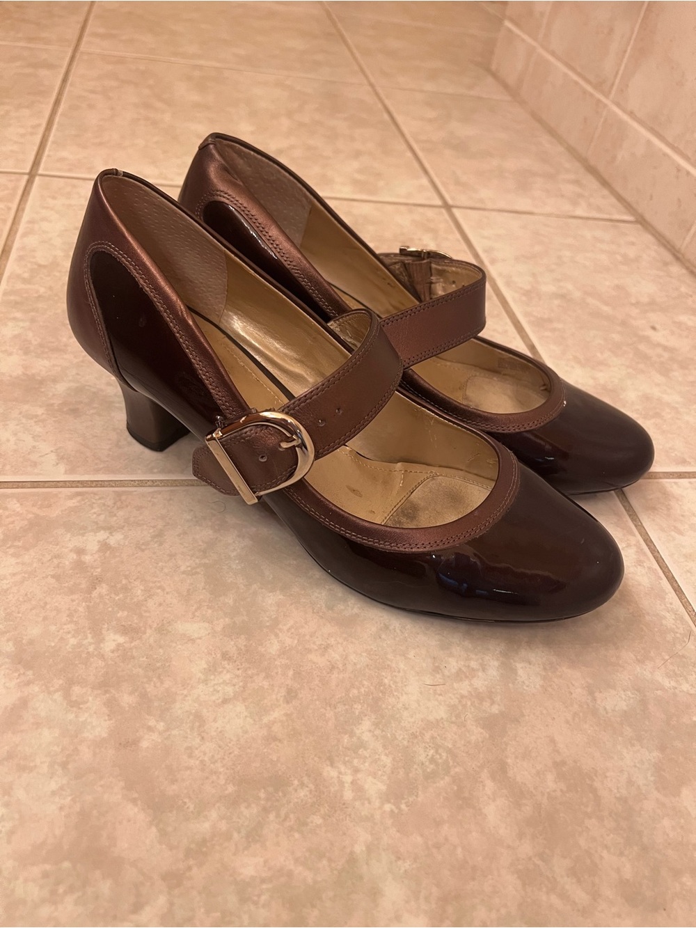 Alex Marie Brown Patent Mary Jane Heels with Gold Buckle